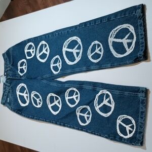 Ragged Jeans Blue High Waisted Straight Leg White Peace Sign Print A24